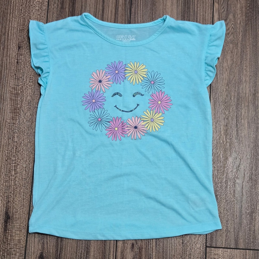 Saint Eve Kids Girls Blue Daisy Smiley Face Pajama Top Ruffle Sleeve Size 10
